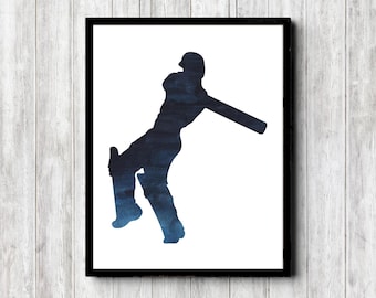 Cricket batsman silhouet afdrukbare muurkunst - sport tiener jongens kamer / kinderkamer / jongens slaapkamer decor - marineblauw 16 x 20, 11 x 14, 8 x 10, 5 x 7