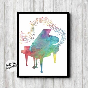 May include: A watercolor painting of a grand piano with colorful musical notes flowing from the keys. The piano is painted in shades of blue, green, yellow, orange, and red.
