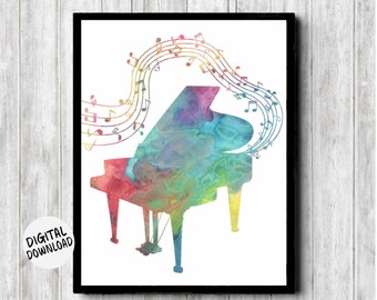 Watercolor Piano /Music Printable Art - Gift For Pianist/ Piano Teacher /Musician /Teen - Music Instrument Poster - Music Notes Wall Decor