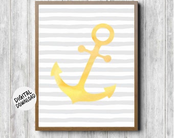 Yellow & Gray Nautical Nursery/ Kids Room Printable Wall Art - Watercolor Anchor Poster - Gender Neutral Baby Shower Decor- 8 x 10