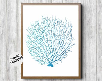 Printable Fan Coral Wall Art - Turquoise / Blue Sea Coral Wall Decor Poster - Sea Creatures - Office Wall Art