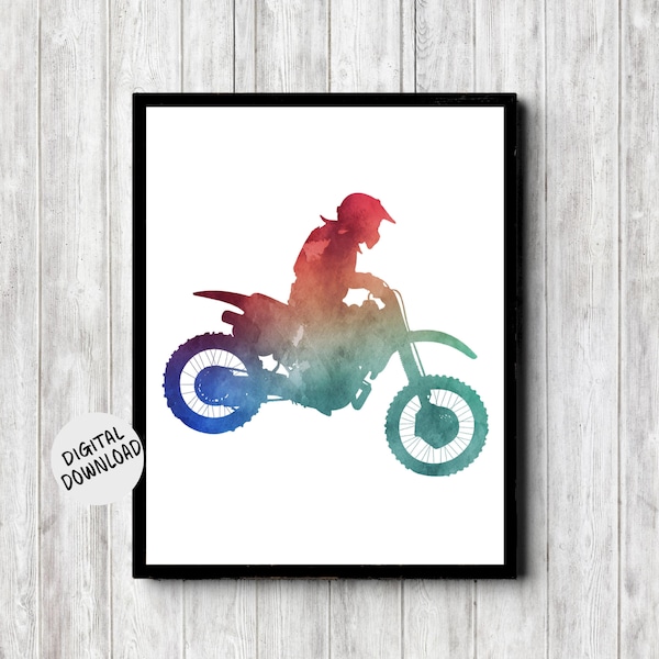 Dirt Bike Racing Printable Wall Art - Motocross Boy Dorm Poster - Watercolor Motorbike Boys Room Decor