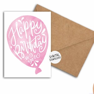 Druckbare Geburtstagskarte für Mädchen / weiblich / Sie mit Aquarell Ballon - Rosa Geburtstags-Wünsche-Karte - 5 x 7