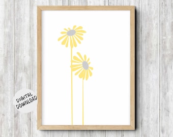 Floral Printable Wall Art - Yellow and Grey Minimalist Flower Print - Decor Poster - Instant Download