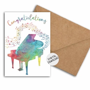 Tarjeta de felicitación imprimible para músicos, amantes de la música, pianistas, profesores de música y estudiantes: notas musicales y piano, 5 x 7