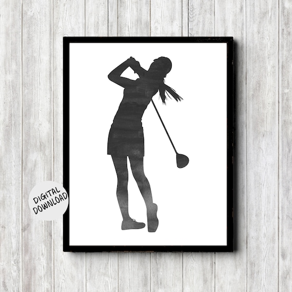 Printable Female Golfer Silhouette Wall Decor - Golf Gift For Women / Girlfriend - Charcoal Sports Office Wall Art