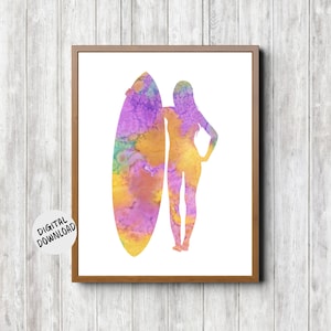 Surfer Girl met surfplank Afdrukbare muurkunst - aquarel poster surfen - cadeau voor tienermeisje / vrouw