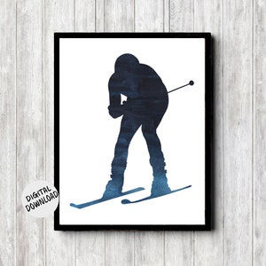 Printable Snow Skiing Wall Decor - Downhill Skier - Navy Blue Winter Sport Art For Teen Boy / Nursery/ Office - Ski Gift