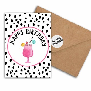 Cartão de aniversário divertido para impressão para ela/namorada com coquetel aquarela - cartão de aniversário DIY - rosa e preto - 5 x 7