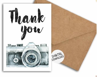 Thank You Card For Photographer - Watercolor Camera- Gratitude /Appreciation Card - Printable 5 x 7 PDF Card - DIY