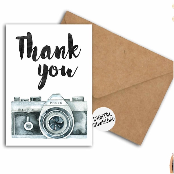 Thank You Card For Photographer - Watercolor Camera- Gratitude /Appreciation Card - Printable 5 x 7 PDF Card - DIY