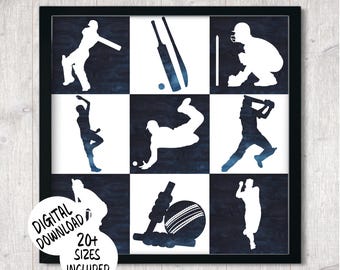Heren cricket schaalbare vierkante muurkunst - donkerblauwe jongensslaapzaal / tienerjongen slaapkamer / kinderkamerinrichting, rasterontwerp sportposter