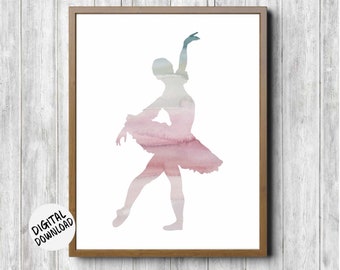 Watercolor Ballet Dancer Printable Wall Art - Girl Nursery / Baby Shower Decor - Ballerina Silhouette Poster