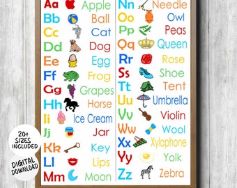 Alphabet Chart Printable Wall Art - Classroom Wall Decor- Colorful Kids Room /Nursery- Educational Poster- Alphabet Pictures- Bright Colors