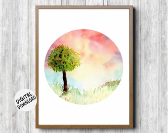 Landscape In A Circle With Tree, Field And Clouds Printable Wall Art - Watercolor Nature Nursery / Office / Bedroom Decor