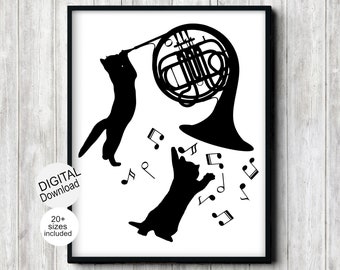 May include: Black and white silhouette illustration of two cats playing music with a French horn. The cats are playing musical notes that are scattered around them. The image has the text "DIGITAL Download" and "20+ sizes included".