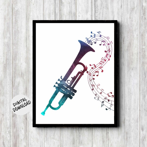 Printable Trumpet & Music Notes Wall Art - Jazz / Big Band Poster - Gift For Musician - Music Theme Decor