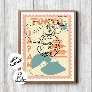 Druckbares Retro Tokyo Wand Kunst Reise Poster, Japandi Wand Kunst, Japan Themen Kinderzimmer Dekor, japanische Ästhetik Wohndekoration, Briefmarke