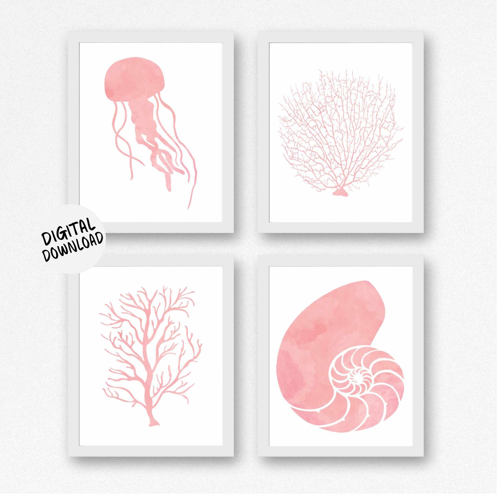 Set of 4 Art Prints Printable Watercolor Sea Life Blush - Etsy