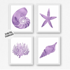 Set of 4 Beach Theme Prints - Printable Purple Watercolor Sealife ...