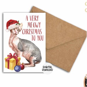 Carte de Noël chat Sphynx, carte de Noël très miaou, jolie carte de Noël imprimable pour maman ou papa chat, impression pdf 5 x 7 pouces à la maison