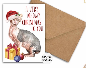 Sphynx cat Christmas card, Very meowy Christmas holiday card, Cute printable xmas card for cat mom or dad, 5 x 7 pdf print at home