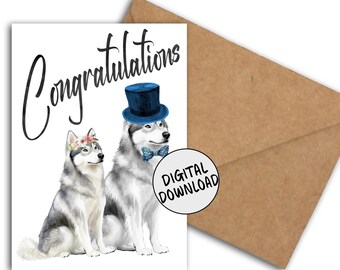 Siberian Husky Wedding Congratulations Card - Printable Huskies Engagement Card For Dog Lovers - Watercolor Dogs With Bowtie
