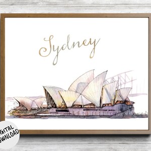 Sydney, Australia Wall Art Printable - Sydney Opera House Art - Famous Watercolor Landmark - World Cities Poster - Travel Wall Decor