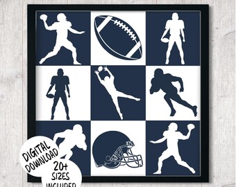 American Football rasterontwerp afdrukbare muurkunst - sportthema vierkante print voor slaapzaal / tienerjongens / kinderkamer muurdecoratie in donkerblauw
