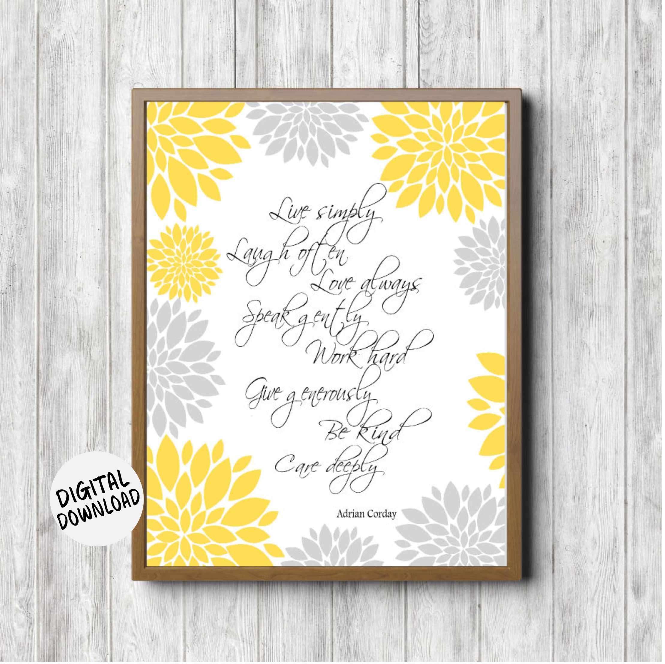 Yellow and Gray/ Grey Quote Wall Art Live Simply Be Kind - Etsy