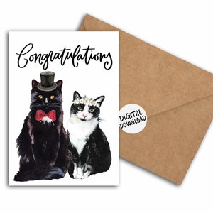 Tarjeta de felicitación de boda con gatos extravagantes para imprimir - Novia y novio - Gatos en acuarela - Deseos de boda para dueños o amantes de los gatos 5 x 7