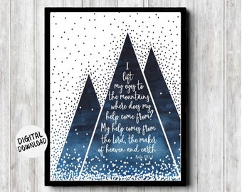 Psalm 121: 1 - Druckbares Aquarell Berge Schrift Poster - Bibel Vers Büro / Jungen Kinderzimmer Wandkunst - Ich hebe meine Augen - Dunkelblau