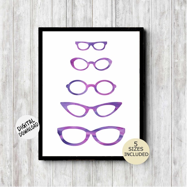 Printable Eye Glasses Wall Art - Purple Watercolor Wall Decor - Spectacles /Eye Wear Print - Optician / Optometrist Office  Gift -