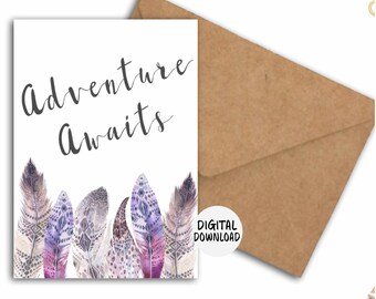 Printable Adventure Awaits Going Away / Graduation/ Retirement Card For Female - Watercolor Boho Feathers