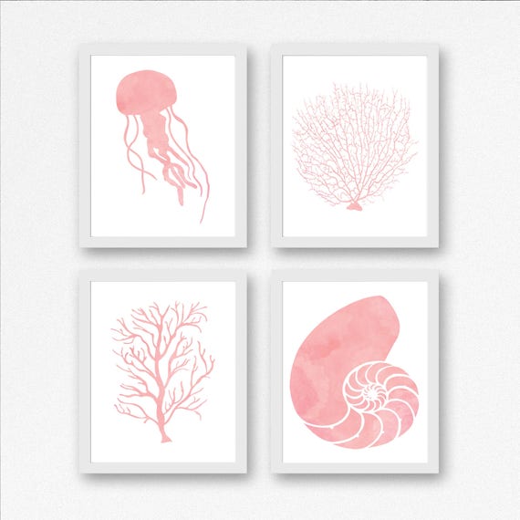 Set Of 4 Art Prints Printable Watercolor Sea Life Wall Art | Etsy