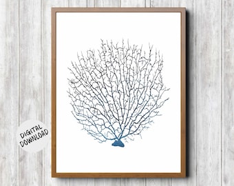 Fan Coral Printable Wall Art - Watercolor Wall Decor - Dark Blue Sea Coral Print - Beach Themed Office Decor