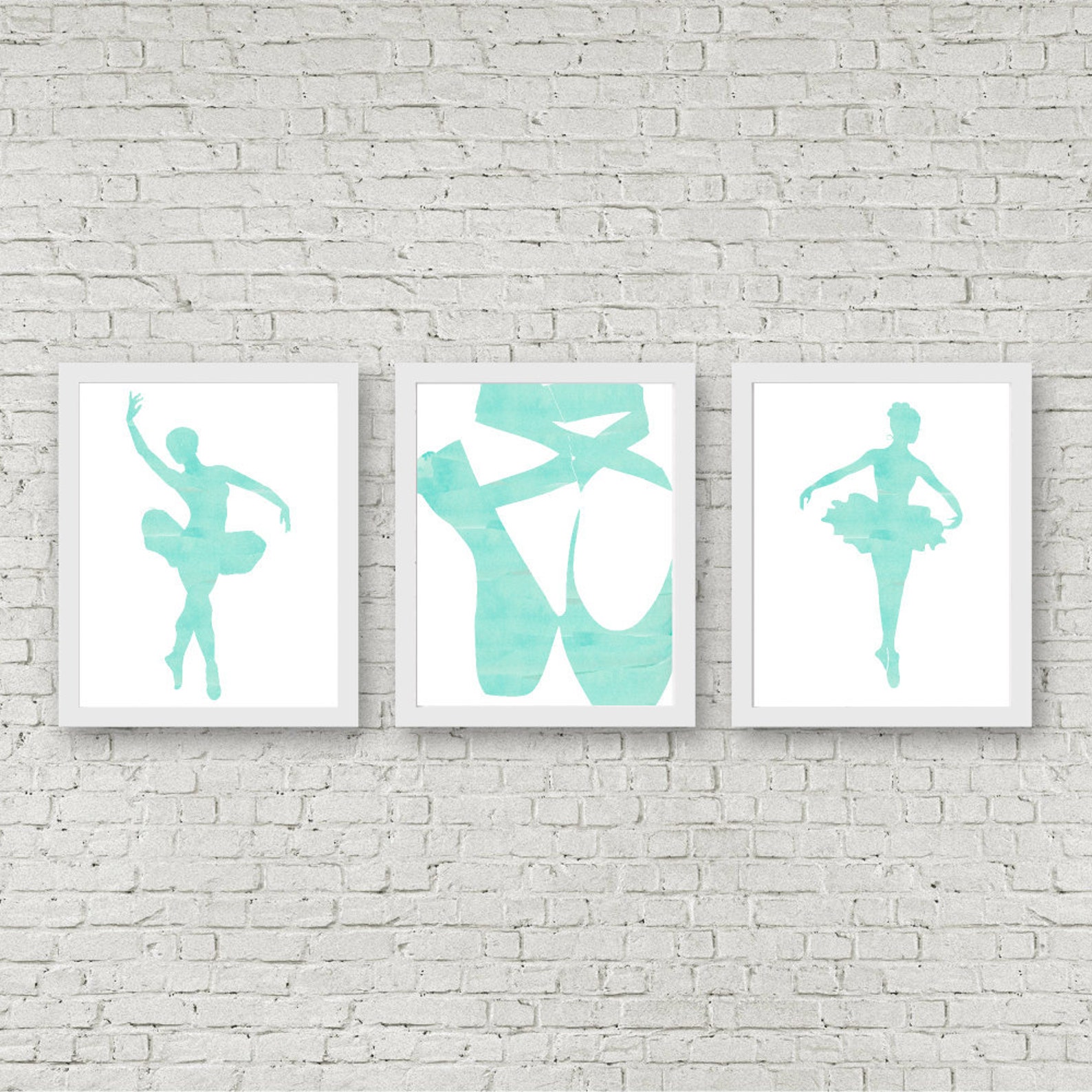 printable ballet set of 3 art prints - watercolor ballerina / ballet slippers art - mint green wall art - pointe shoes - girls r
