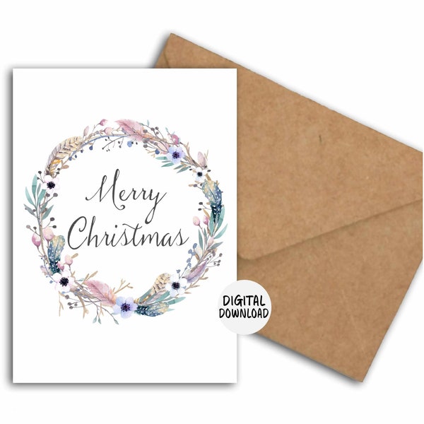 Rustic Printable Merry Christmas Card With Watercolor Floral Wreath - Do It Yourself 5 x 7 Holiday Card For Her / Female - PDF