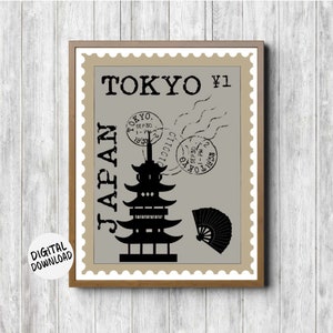 Sofortiger Download - Japan / Tokyo Briefmarke Wand Kunst - Japanischer Fächer / Tempel Druck - Weltstadt Kunstdruck - Büro Kunst - Digitale Kunst