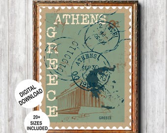 Afdrukbare retro Athene reizen themaposter in een vintage stijl voor thuis of op kantoor decor, nostalgische Griekenland/mediterrane postzegel kunst aan de muur