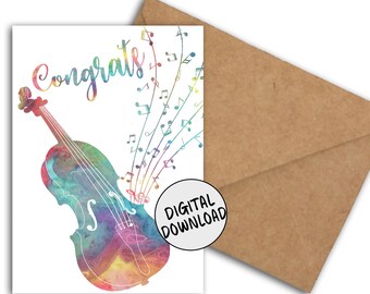 Afdrukbare felicitatiekaart voor vioolspeler / muzikant / muziekliefhebber / muziekleraar / student - viool en muzieknoten 5 x 7 pdf