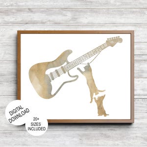 Arte de pared de género neutro con temática musical para sala de juegos infantil, lindo póster de gato tocando la guitarra para decoración del hogar para dormitorio de adolescentes o sala de música, músico