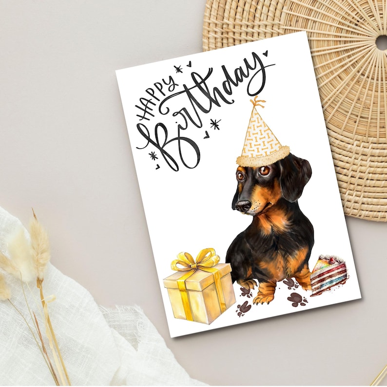 Cute Printable Dachshund Birthday Card From Dog, Watercolor Sausage Dog ...