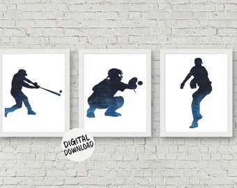 Baseball Printable Set Of 3 - Sport Theme Mancave, Boy / Teen Room or Nursery Wall Art - Pitcher / Catcher / Hitter Poster