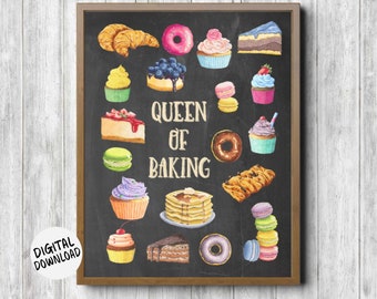 Chalkboard Kitchen Baking Printable - Queen Of Baking - Pastry / Cake Poster -Baking Quote Wall Art - Patisserie Art - Gift For Baker