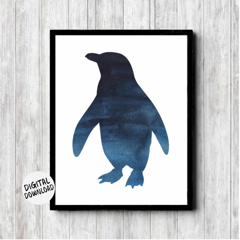 printable wall art of a penguin silhouette in a grungy navy blue watercolor