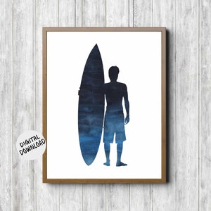 Man Surfer With Surfboard Silhouette Printable Wall Art - Printable Surfing Gift For Surfer / Him / Boyfriend - Dark Blue Surfing Boys Room