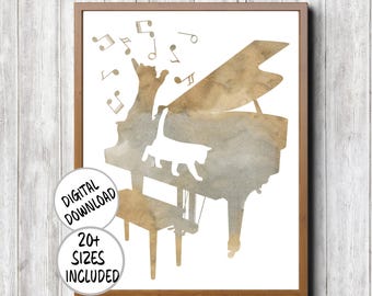 May include: A watercolor illustration of a cat playing a piano with musical notes floating around it. The cat is in a silhouette with a brown and gray watercolor wash.