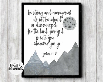 Boy Nursery Bible Verse Printable Joshua 1 : 9 Scripture Decor - Watercolor Mountain / Moon -Be Strong And Courageous Do Not Be Afraid