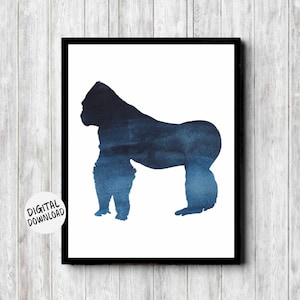 Watercolor Gorilla Printable Art - Jungle Animal Boys / Girls Room /Nursery Decor - Gorilla Silhouette Wall Art - African Art